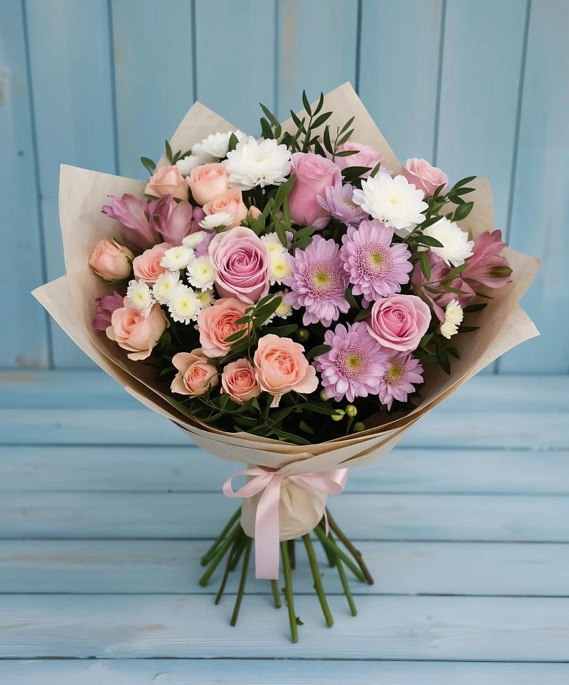 Букет цветов из: Хризантемы, Розы и Альстромерии в Горки Ленинские