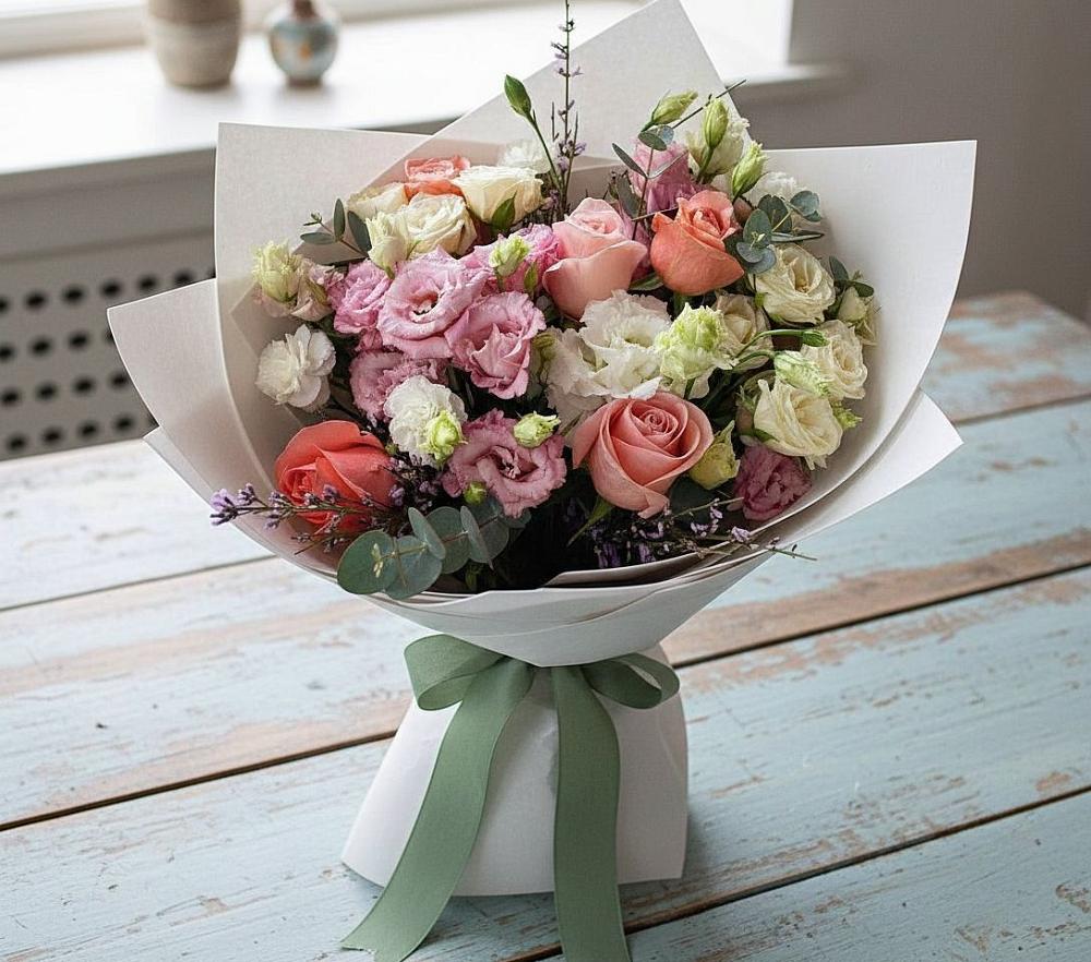 Букет цветов из: Розы, Лизиантусы и Гвоздики в Горки Ленинские