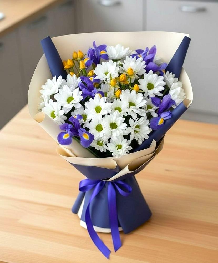 Букет цветов из: Розы, Ирисы и Хризантемы в Горки Ленинские