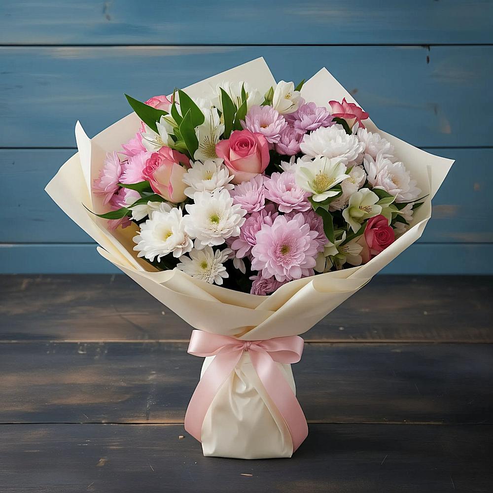 Букет цветов из: Хризантемы, Альстромерии и Розы в Горки Ленинские